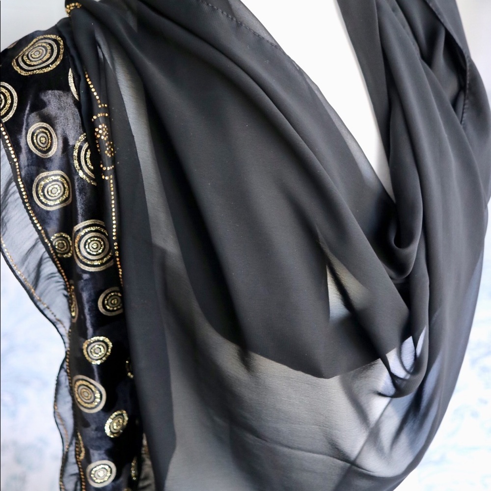 Black silk scarf with gold accents